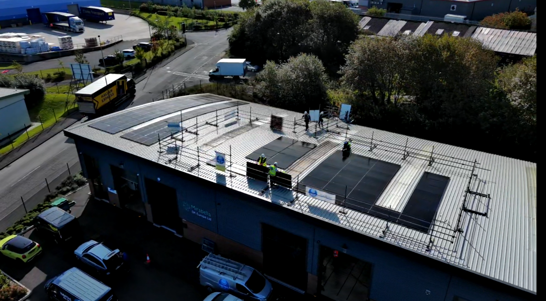 Drone shot of solar panels being installed on DK Europe, Clay Cross in 2023